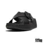 【FITFLOP】F-MODE 草編扣環皮革厚底交叉涼鞋-女(黑色)