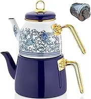 Vintage Turkish Teapot Tea Pots Kettle Set for Stovetop Stove Top Decorative Infuser Party Cups Glasses Floral Unique Boiler Samovar Strainer Loose Leaf Kitchen Style Enamel Decor (White-Blue)