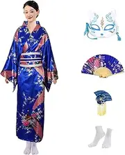 [CRFASIBE] 5 Pieces Japanese Traditional Kimono Set for Women Long Turkey Print Kimono with Belt for Photography and Cosplay
