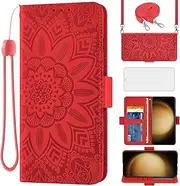 [Asuwish] Mobile Phone Case for Samsung Galaxy S23 Plus S23+ 5G Case with Strap and Glass Film Screen Protector Card Slot Foldable Leather Wallet Stand S23plus 23S S 23 + 23+ Mobile Phone Cases Flowers