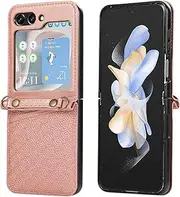 [Asuwish] Phone Case for Samsung Galaxy Z Flip 5 5G 2023 Wallet Cover with Tempered Glass Screen Protector and Wrist Strap Flip Credit Card Holder Slot Stand Cell ZFlip5 Z5 G Flip5 5Z Women Men RoseGold