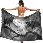 [XYMZR] Gothic Crow Branch Women's Sarong Swimsuit Coverups Chiffon Bikini Wraps Skirt with Tassels L