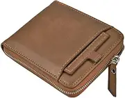Genuine Leather Men's Wallet, Simple Men's Coin Purse Small RFID Blocking Tri-Fold Wallet Card Holder with Zipper Coin Pocket,Brown