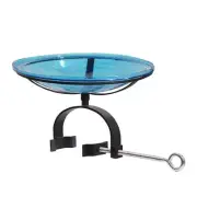 ACHLA DESIGNS Birdbath 14" Round Crackle Glass Teal Blue w/ Over-Rail Bracket