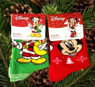Disney Girl’s Shoe Size 7-10 Mickey Minnie Mouse Christmas Socks Lot Red New