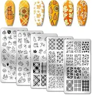 PH PandaHall Fall Thanksgiving Theme Nail Stamp Plates 126 Patterns Stainless Steel Nail Template 5PCS Pumpkin Maple Nail Art Plate for Autumn Thanksgiving Day Nail Art Design 12x6cm
