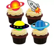 Outer Space Edible Cup Cake Toppers, Standup Fairy Bun Decorations, Boy Rockets