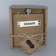 NEW MUD-PIE BURLAP “CHEERS” FLASK STAINLESS STEEL 6 OZ