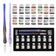 Glass Dip Calligraphy Pen Set, 18-Pieces 14 Color Inks, Pen Holder, Cleaning ...