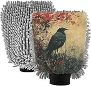 XYMZR Crow Black Red Floral Absorbent Microfiber Car Wash Mitt, Funny Cute Anime Scratch Free for Cars Cleaning, Home Cleaning Mitts, 2 Pack, 10.24” L x 7.09” W
