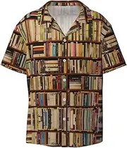 [YANYU] Neat Bookshelf Print Hawaiian Shirts Men Short Sleeve Button Down Cuban Collar Shirt Summer Beach Days
