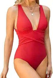 [TEMKIN] Swimming Costume Women V Neck Swimwear One Piece Swimsuits with Crisscross Shoulder Straps