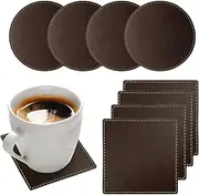 Leather Coasters, 8 PCS Dual Sided Faux Soft Leather Coaster Non Slip Cup Pad Mat Brown Drinks Mug Coaster Set for Coffee Beer Mug Wine Glass Bottle Home Bar (Round, Square)