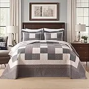 QuiltEase Oversized King Bedspread - 120" Lx128 W Extra Wide - 100% Cotton Lightweight Plaid Super Size Bedding Set - Reversible California Quilt Bedspreads - 3 Piece - Brown/Black/Birch
