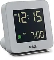 Braun Digital Alarm Clock with Snooze, Negative LCD Display, Quick Set, Crescendo Beep Alarm in Grey, Model BC09G.