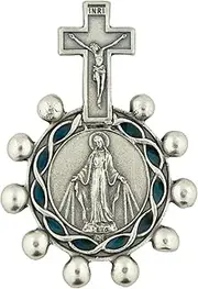 [VILLAGE GIFT IMPORTERS] Silver-tone Miraculous medal rosary ring with blue accents | Great for First Holy Communion and First Holy Confirmation | Religious Medallion for Jewelry and Home, Silver, No