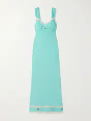 [RIXO] RIXO - Lucie Lace-trimmed Embroidered Crepe De Chine Midi Dress - Blue - UK 12 UK 12 Blue