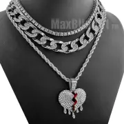Silver Plated Alloy Cubic Zirconia Drip Broken Heart & Iced Cuban & Tennis chain