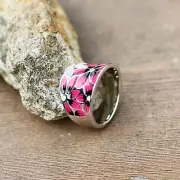 Pink Lily Flower Enamel Ring Sterling Silver 925 30th Anniversary