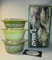 NEW Vintage Pyrex Spring Blossom Green Set 3 pcs. 470-1 N RARE
