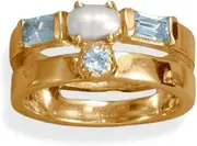 [JewelryWeb] 14k Gld Plated 925 Sterling Silver Cultured Freshwater Pearl and Blue Topaz Ring is Decorated 3mm Round Jewelry for Women - Ring Size Options: 6 7 8 9