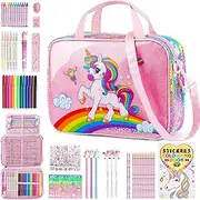 D-FantiX Unicorn Art Supplies Convertible Bag for Girls, 63Pcs Coloring Drawing Set for Kids with Fruit Scented Markers, Portable Travel Activity Kit, Birthday 4 5 6 7 8-12 Year Old Girls