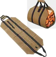 Waxed Canvas Firewood Bag - Water-Proof Log Carrier for Fireplace, Wood Stove Accessories, Heavy-Duty Wood Carrying Bag (Khaki)