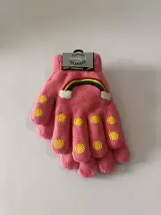 Amity Cold Guard Girls Rainbow Sun Clouds Fashion Knit Gloves Pink Yellow 5.5”