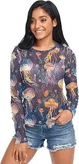 [AIXIWAWA] Painting Jellyfishes Women's Long Sleeve Mesh Sheer Top, Sexy See-Through Blouse for Party, Evening Wear S