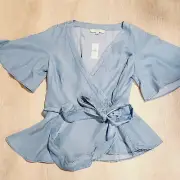Ann Taylor Loft Chambray Wrap Shirt Peplum Soft Blue Size Medium Flutter Sleeve