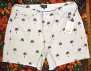 Women's Nydj Plus High-Rise A-Line Short Size 18W Frayed Hem Palm Tree Print NWT