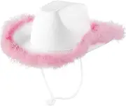 [Generic] French Artist Costume Pink Hat with Feather Fluffy Feather Brim Adult Size Cowboy Hat with Feathers for Costume Party Play Dress Up Outfits for Women Young Lady Birthday Gift