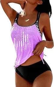 [Vickyleb] American Flag Print Swim Suits for Women 2024 Patriotic Modest Bathing Suit 2 Piece Blouson Modest Tankini Sets