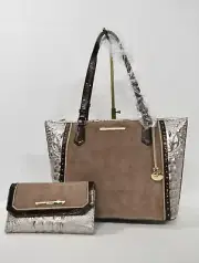 SET Brahmin Medium Asher Tote/Shoulder Bag+ Checkbook Wallet Chardonnay Clermont