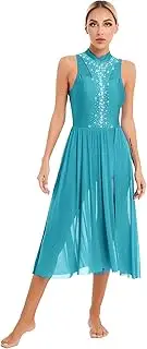 [Fldy] Womens Dance Costume Sparkly Sleeveless Modern Lyrical Dress Rhinestone Side Split Dress