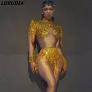 SexyLatin DanceTassel Bodysuit GoldSilver SequinFringeLongSleeve Stretch Leotard