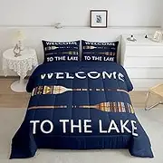 jejeloiu Lake Bedding Set Queen Size Kids Vivid Blue Rustic Cabin Mountain Woodland for Boys Girls Teens Farmhouse Wooden Board Duvet Cover Breathable Soft Lightweight Microfiber Quilt Set