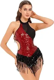 [Choomomo] Women's Sparkly Glittery Fringed Leotards for Figure Ice Skating Latin Jazz Tango Competition Party Dance