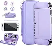 RHOTALL Solid Color with Sakura Embossing Carrying Case for Nintendo Switch OLED, Potable Case for Switch OLED with Soft Case, Screen Protector, 4 Thumb Caps, Wrist Band and Shoulder Strap - Purple