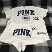 VS PINK IVY FLEECE HEM SHORTS WITH LOGO TEE IN VARSITY BLUE & WHITE IN SIZE XXL