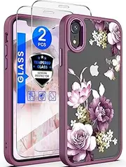 Dretal for iPhone XR Case Flower, Military Grade Drop Tested Hard Back & Soft Edge Slim Flower Women Girls Phone Protective Cover with 2 PCS Tempered Glass Screen Protector for iPhone XR (Purple)