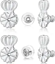 Earring Backs Replacements, FORMULEN Large Locking Earring Backs for Droopy Ears 6 pcs Durable Crown Shape Lifter & 2 PCS Silicone Backs for Heavy Earrings, White Gold Color