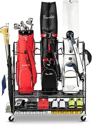 FHXZH 3 Golf Bag Storage Garage Organizer, Golf Bag Stand Fit for 3 Golf Bags, Golf Clubs, Golf Balls, Golf Equipment Accessories, Golf Bag Storage Rack Wheels for Garage, Club, Shed, Basement Black