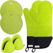 Silicone Oven Mitts and Pot Holder- Extra Long Silicone Oven Mitt Heat Resistant 500 Degrees with 2 trivets & Mini Pinch Mitts-Safe Baking Gloves for Cooking in Kitchen with Soft Inner Lining (Green)