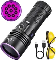 ALONEFIRE SV119 365nm UV Torch 90W USB Rechargeable Digital Display Strong Black Light Pet Urine Detector, Fishing, Scorpion, Amber, Minerals with UV Safety Glasses, Battery
