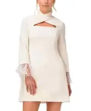 NWT $245 AIDAN BY AIDAN MATTOX Cutout Feather-Trim Mini Dress Ivory 4