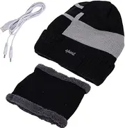 BUNIQ Heated Beanie Hat | Thermal Knitted Electric Hat - USB Heated Hat Scarf Set, Soft Warm Scarf Pom Knit Hat for Running, Skiing, Skating, Cold Weather Black Gray