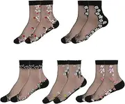 [Telooco] 5 Pairs Women's Nylon Socks Transparent Black Traditional Socks Flowers Nylon Stockings Short Ruffle Socks Mesh Summer Socks for Women Thin Casual Socks