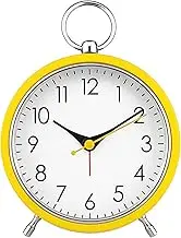 Snooze Retro Alarm Clock, 4 Inch Portable Table Clock with Night Light, Silent Non-Ticking Metal Clock, Simple Round Battery Powered Clock Decor for Living Room Bedroom Study Office (Yellow)