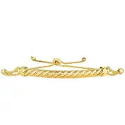 14K Yellow Gold Round Diamond Cut Wheat Adjustable Bracelet With Arched Domed Bar, 9.25"